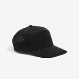 Black athletic baseball cap with with perforated side panels, mesh insert behind front panel, semi-curved brim, and small embroidered script logo on front - Daily Tech Hat Black