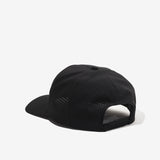 Black performance workout hat, rear three-quarter view showing curved brim and back strap opening