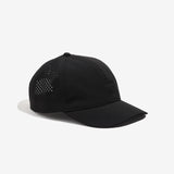 Black athletic running cap with perforated side panels, semi-curved brim, unstructured front panels, embroidered 'Nathan' logo on front