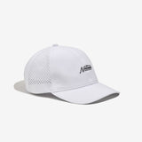 White athletic running hat with perforated side panels, semi-curved brim, embroidered "Nostrand" logo on front