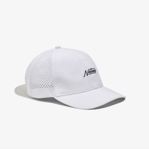 White athletic running hat with perforated side panels, semi-curved brim, embroidered "Nostrand" logo on front