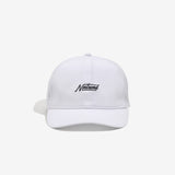 White baseball-style cap with small black 'Nostrand' logo centered on front