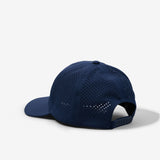 Navy blue mesh baseball cap, rear view showing adjustable strap and curved brim.