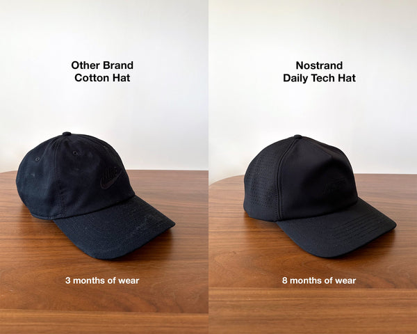 Two black caps on wooden table labeled Other Brand Cotton Hat - 3 months of wear; Nostrand Daily Tech Hat - 8 months of wear
