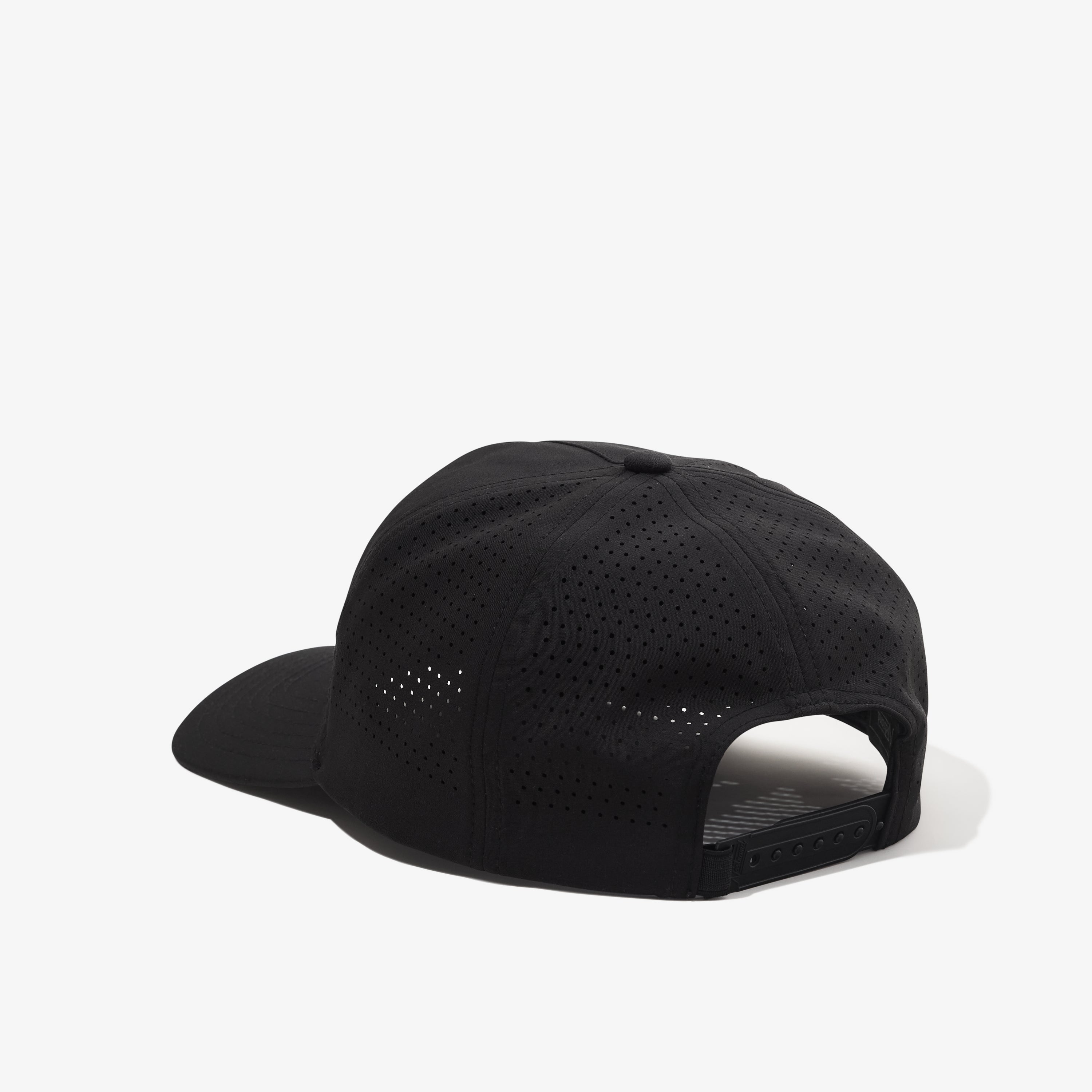 Black performance workout hat, rear three-quarter view showing curved brim and back strap opening