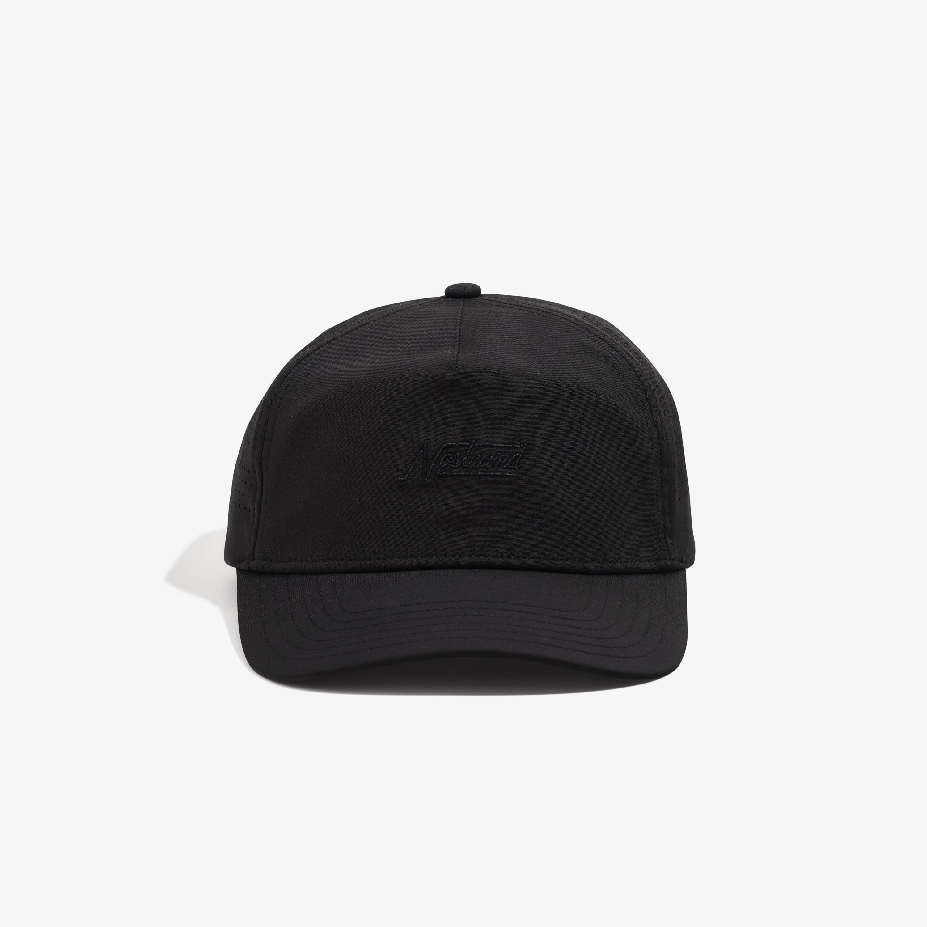 Front view of Black athletic baseball cap with with perforated side panels, mesh insert behind front panel, semi-curved brim, and small embroidered script logo on front - Daily Tech Hat Black