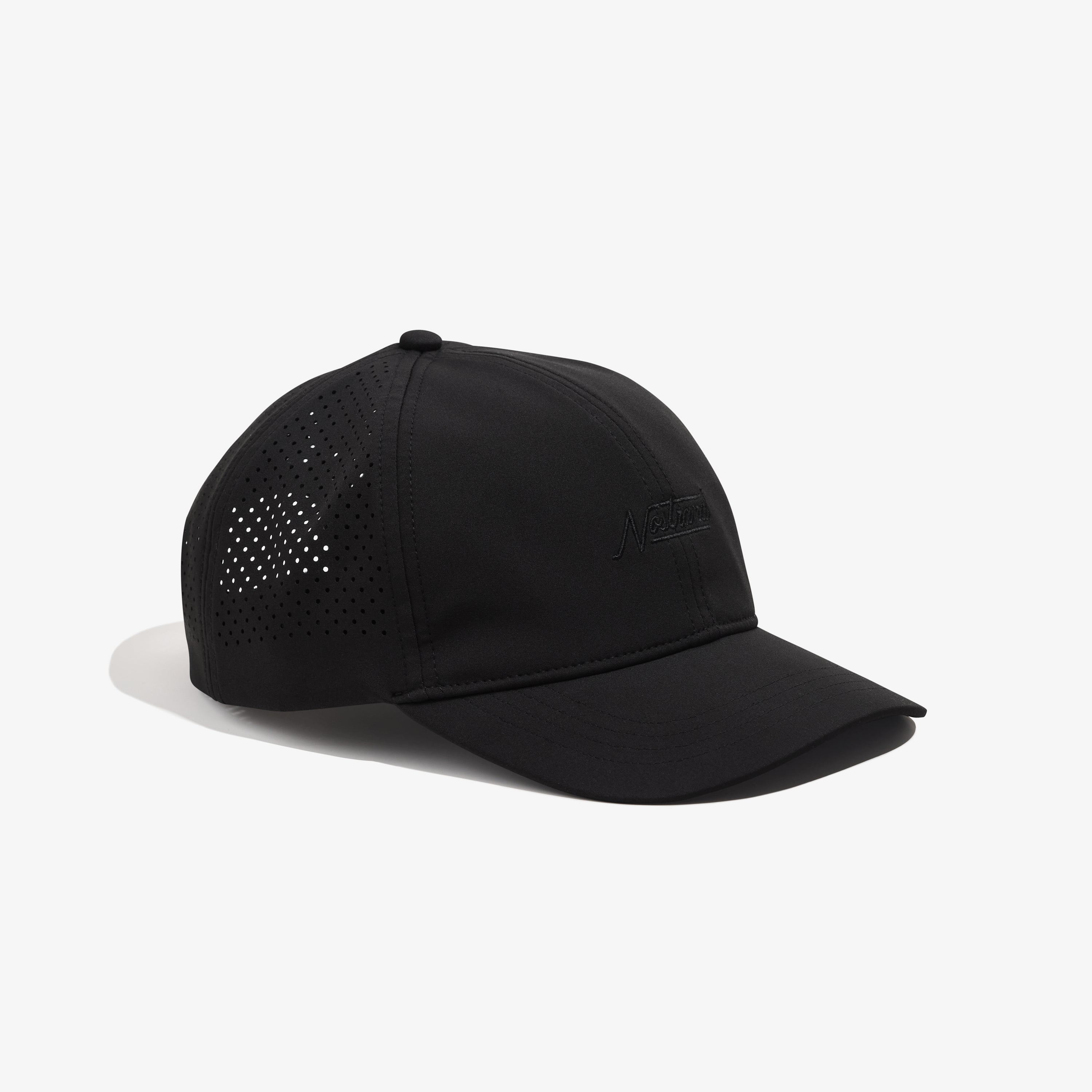 Black athletic running cap with perforated side panels, semi-curved brim, unstructured front panels, embroidered 'Nathan' logo on front