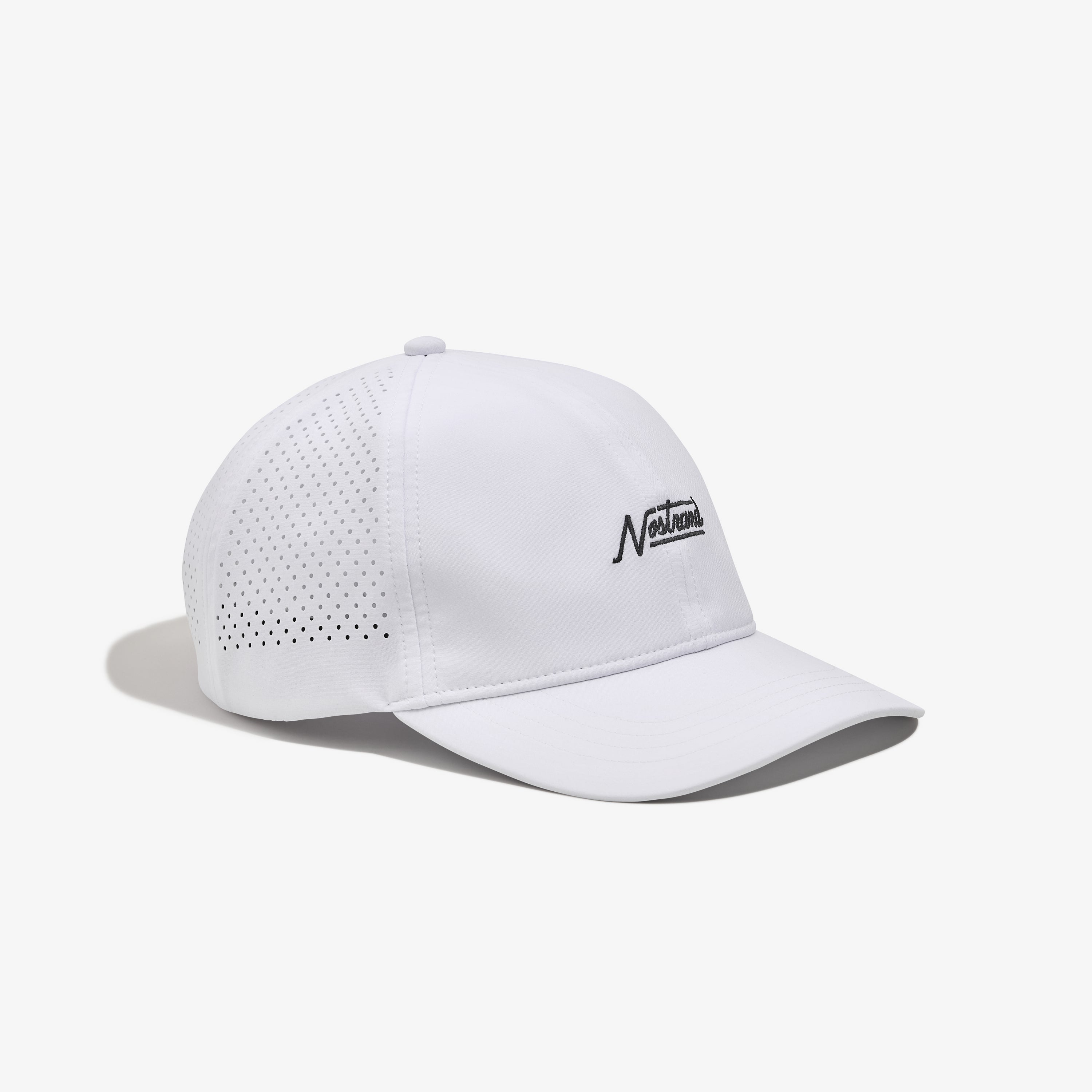 White athletic running cap with perforated side panels, unstructured front panels, semi-curved brim, and small rectangular brand logo woven label on front of hat - Agile Hat Navy