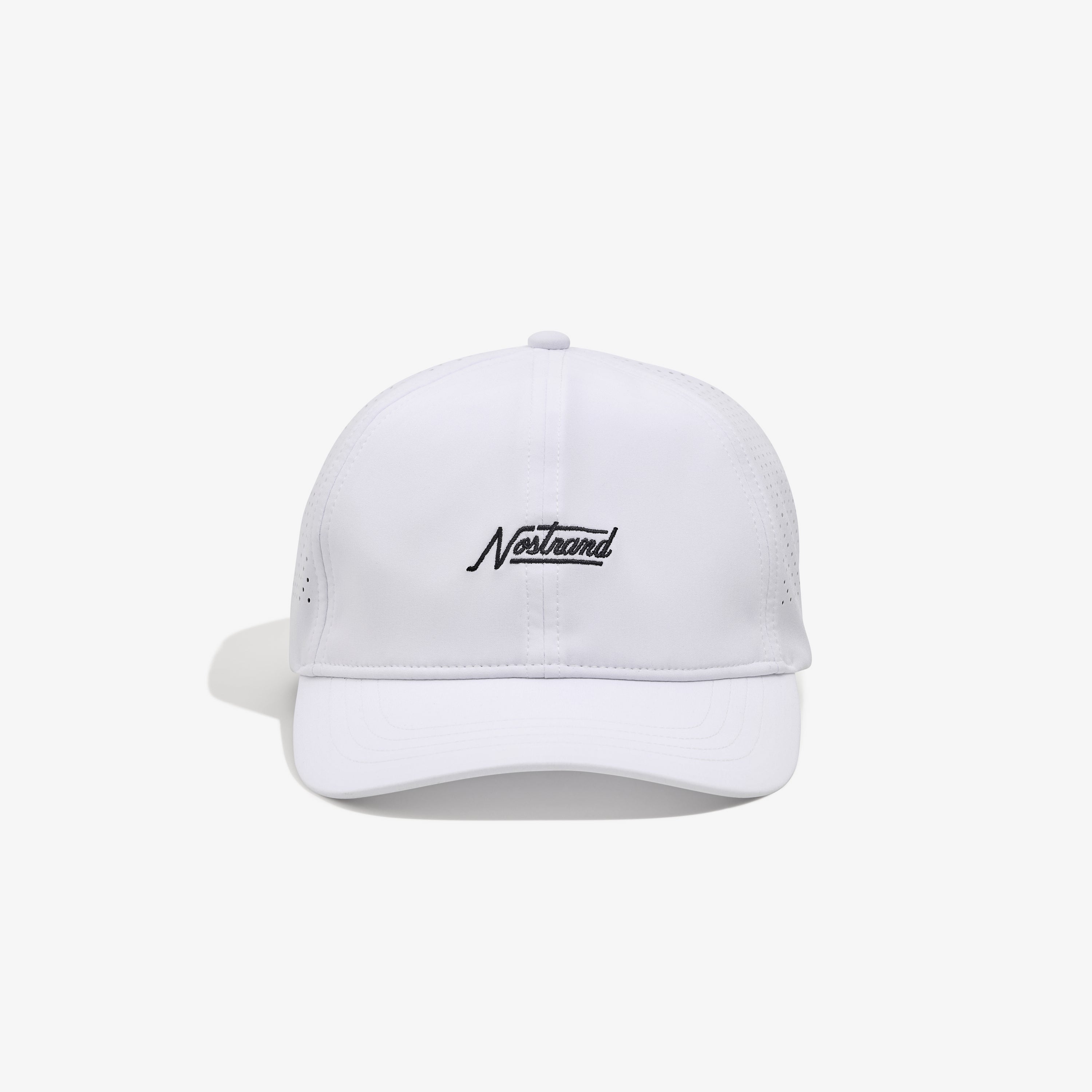 White baseball-style cap with small black 'Nostrand' logo centered on front