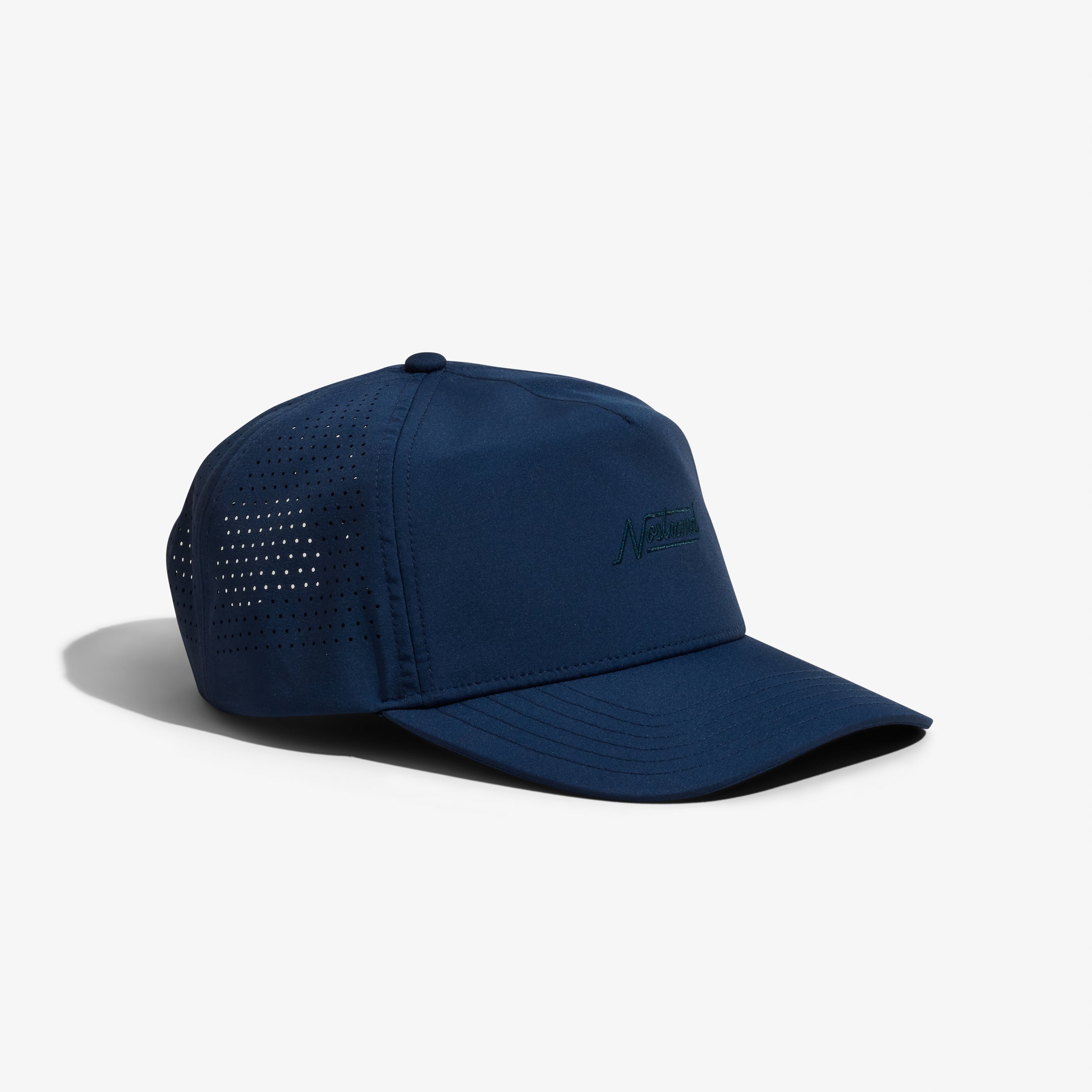 Navy athletic baseball cap with with perforated side panels, mesh insert behind front panel, semi-curved brim, and small embroidered script logo on front - Daily Tech Hat Navy