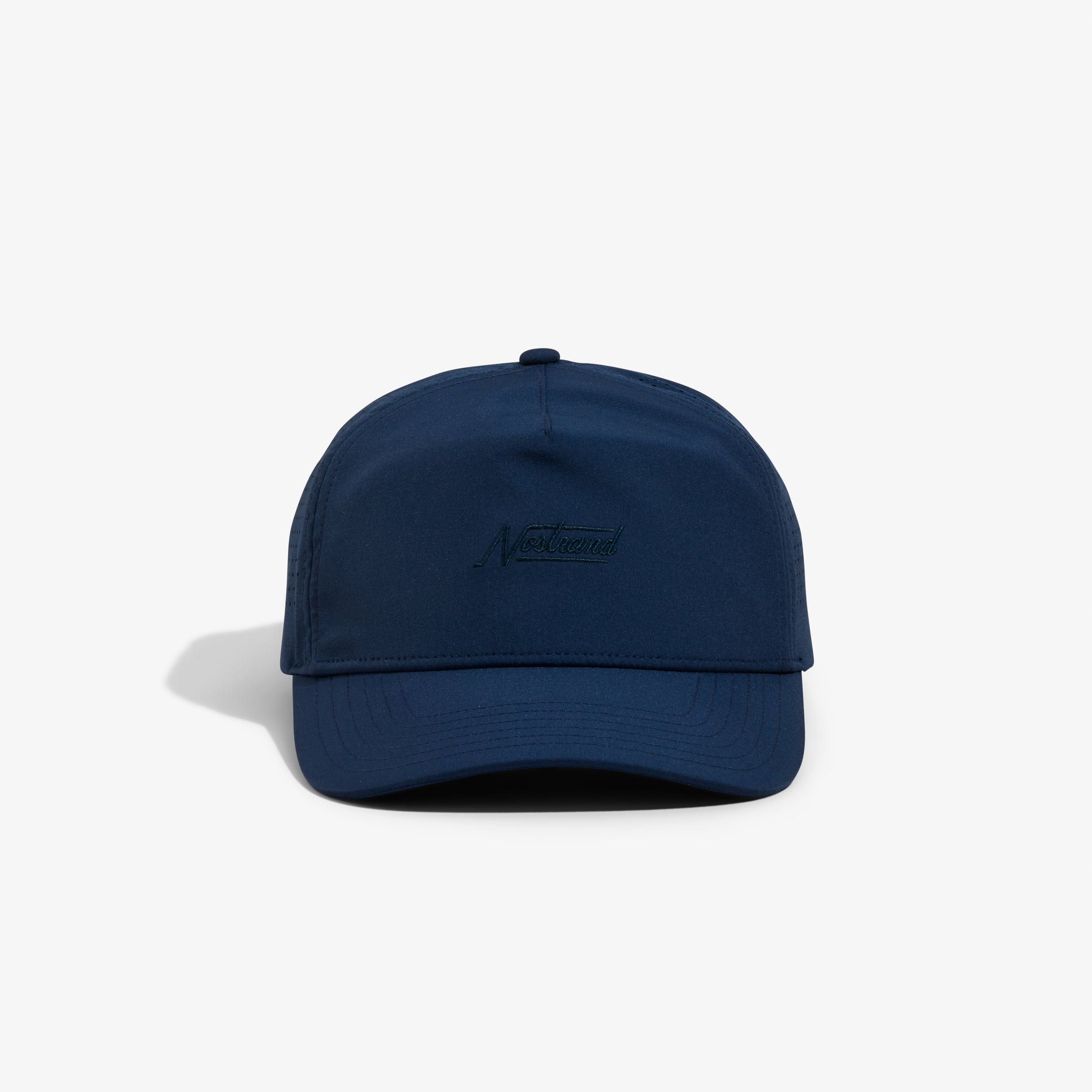 Navy performance five-panel cap with Nostrand embroidered on front