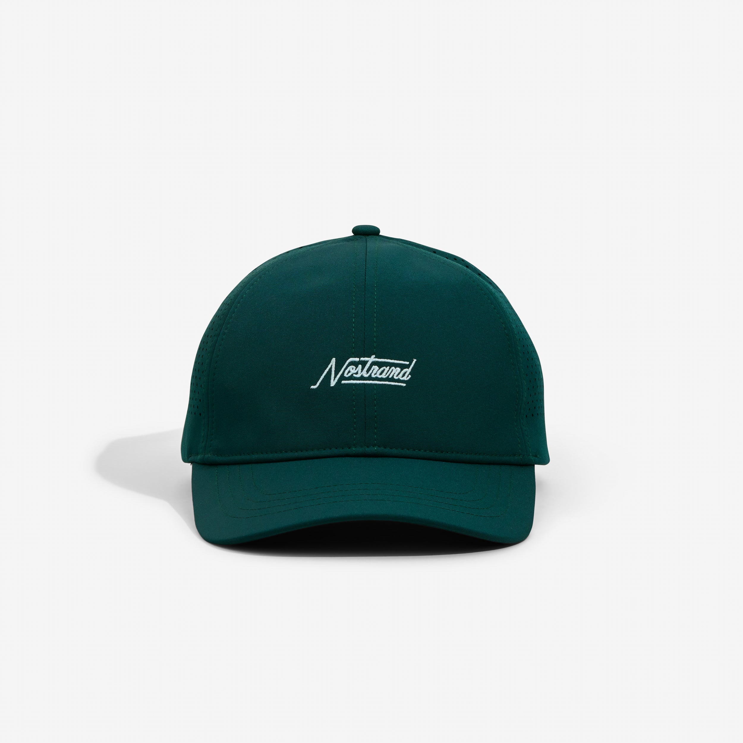 Cypress-green running cap with white 'Nostrand' script logo centered on the front
