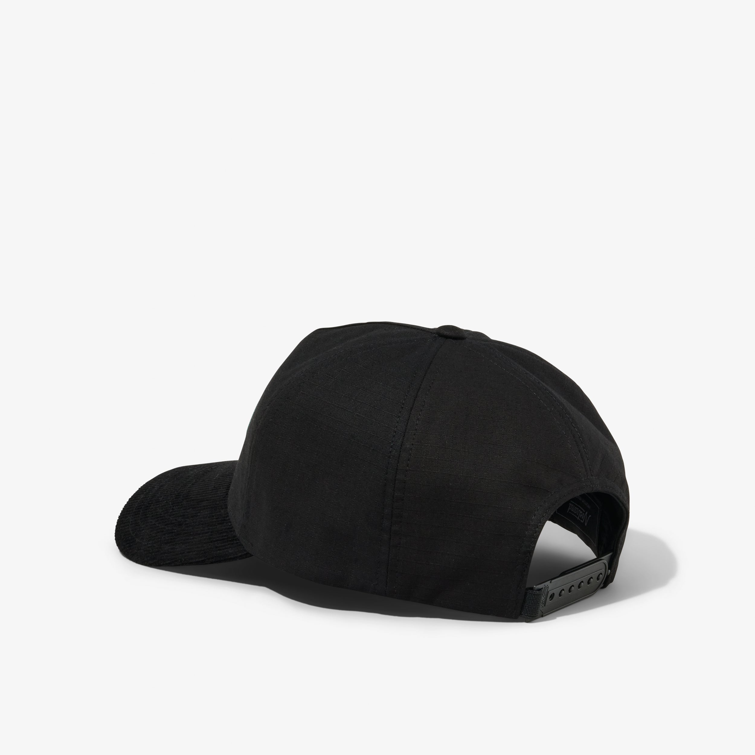 Black Cotton and Black Corduroy Brim Hat with a Embroidered Script Logo on a white background