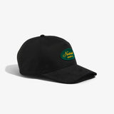 Black Cotton and Black Corduroy Brim Hat with a Embroidered Script Logo on a white background