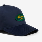 Navy Blue Cotton and Navy Blue Corduroy Brim Hat with a Embroidered Script Logo on a white background