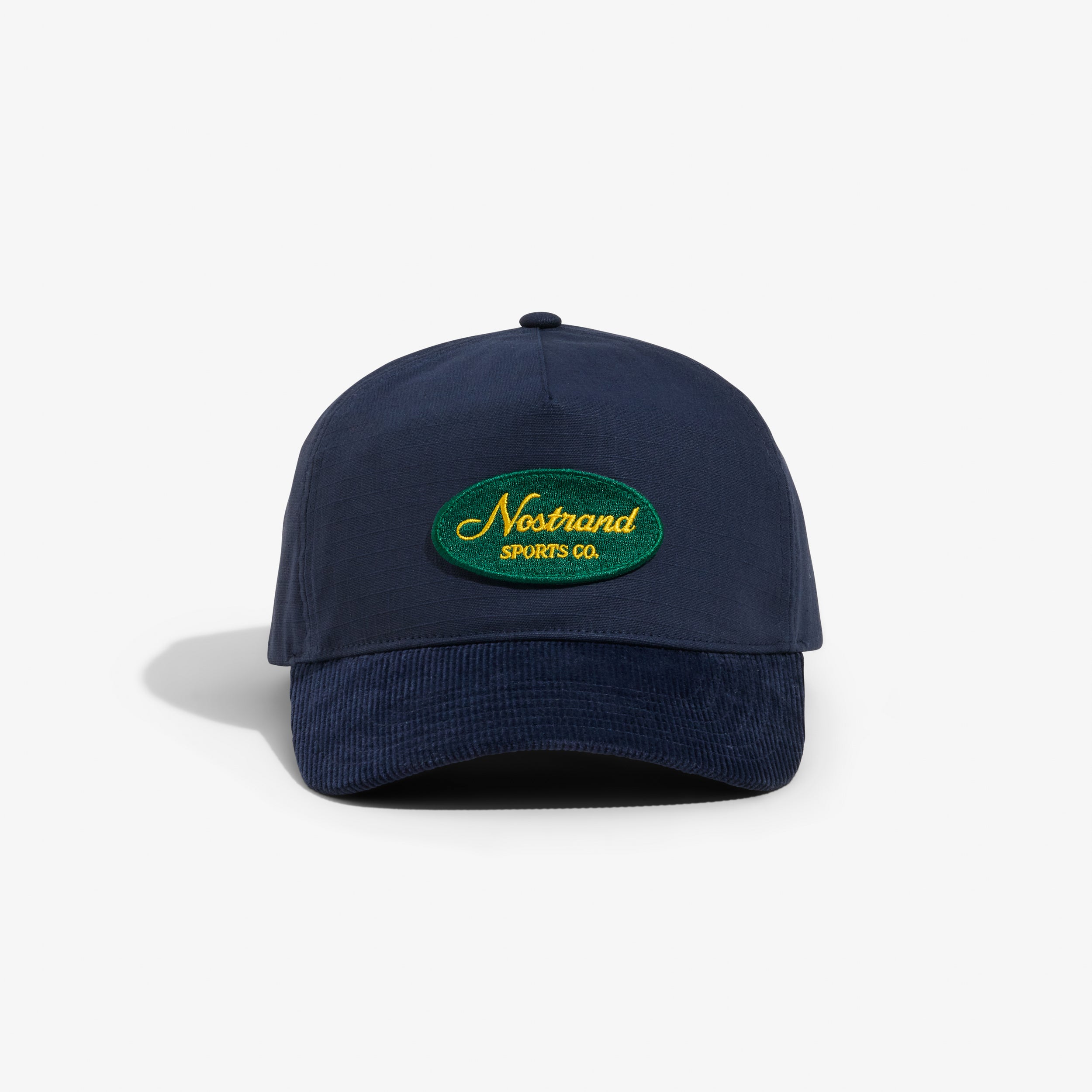 Navy Blue Cotton and Navy Blue Corduroy Brim Hat with a Embroidered Script Logo on a white background