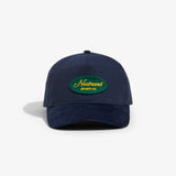 Navy Blue Cotton and Navy Blue Corduroy Brim Hat with a Embroidered Script Logo on a white background