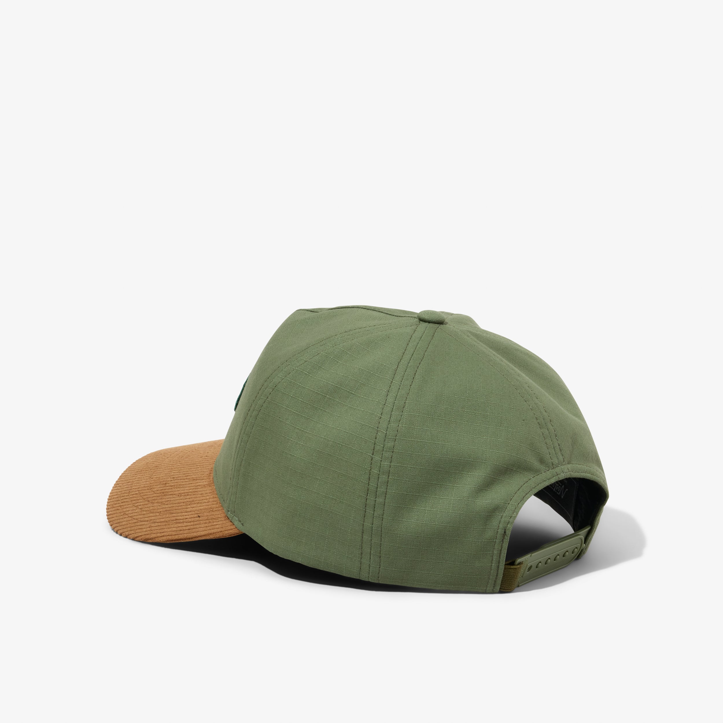 Olive Green Cotton and Tan Corduroy Brim Hat with a Embroidered Script Logo on a white background