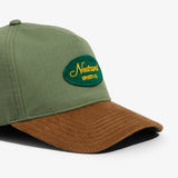 Olive Green Cotton and Tan Corduroy Brim Hat with a Embroidered Script Logo on a white background